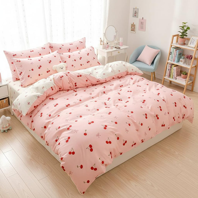 Duvet Cover Bowknot Heart Beddding Set Bow Red Fruit Reversible Coquette Soft Breathable Microfiber Bedding Set