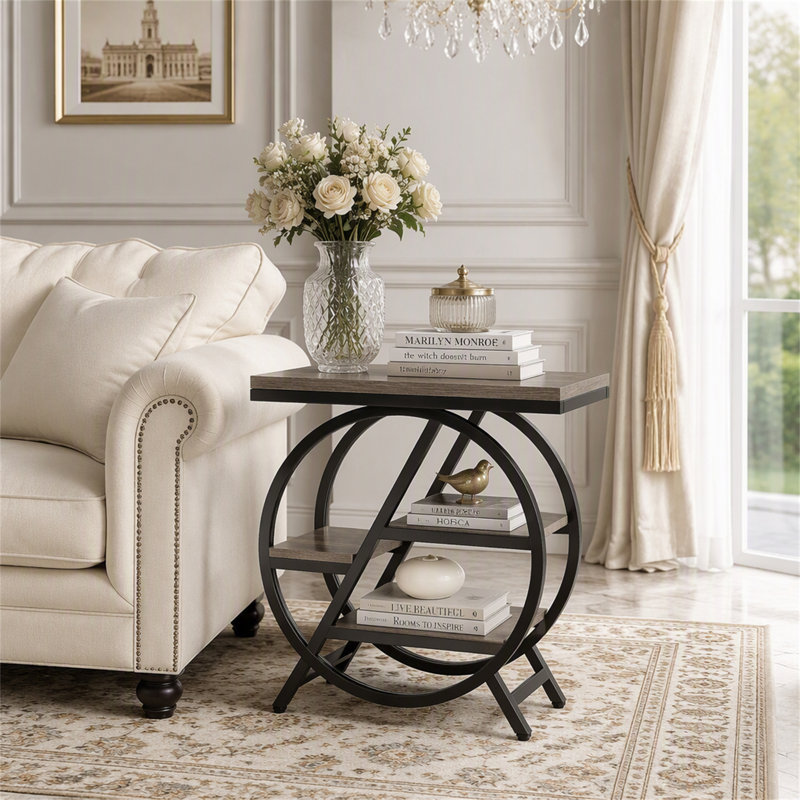 Table de bout à 4 niveaux, petite table d'appoint avec tablettes de rangement, Gris / Noir, Gris, Noir