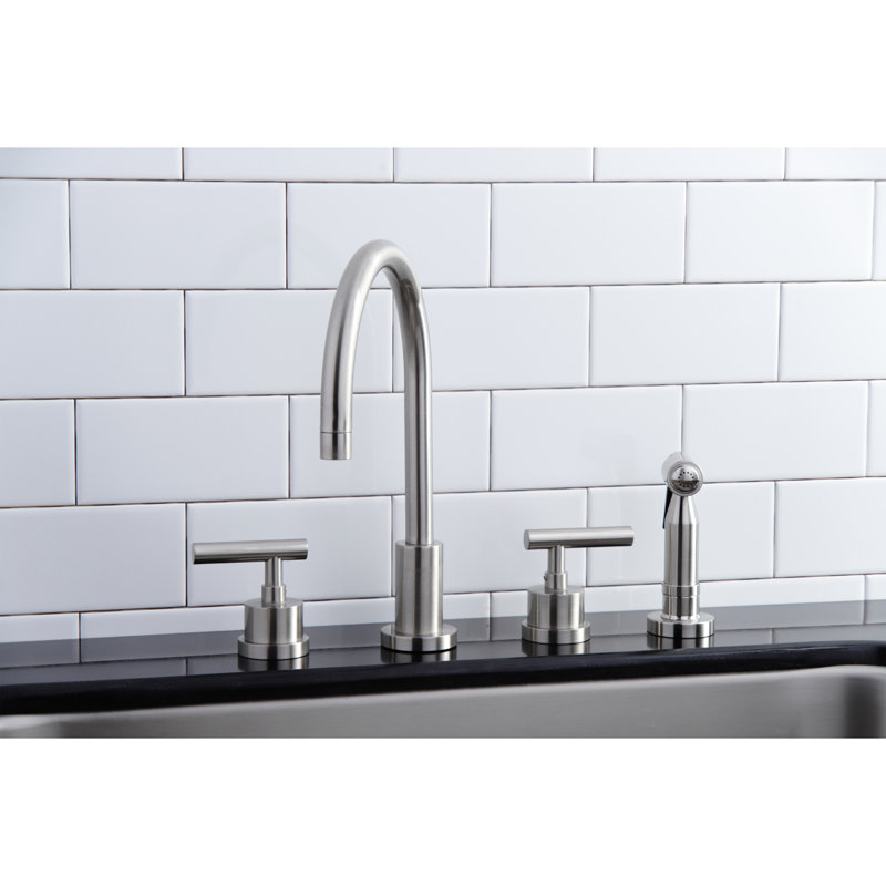 Kingston Brass Manhattan Double-Handle 4-Hole Widespread Kitchen Faucet with Brass Sprayer, Brushed Nickel