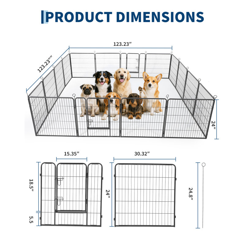 Parc de jeux en métal pour chiens de 61 cm (24 po) à 16 panneaux, enclos d'exercice pour animaux de compagnie avec porte sécurisée, enclos intérieur et extérieur pour animaux de compagnie