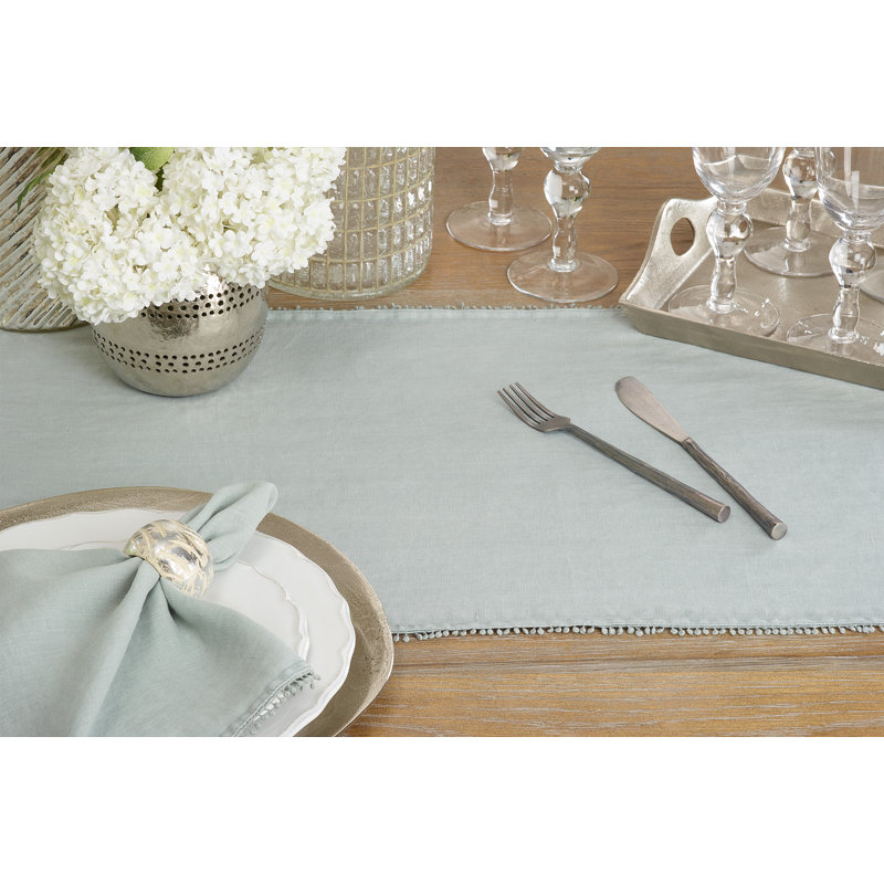 Trezza Mini Pom Pom Trim Table Runner, Blue Gray