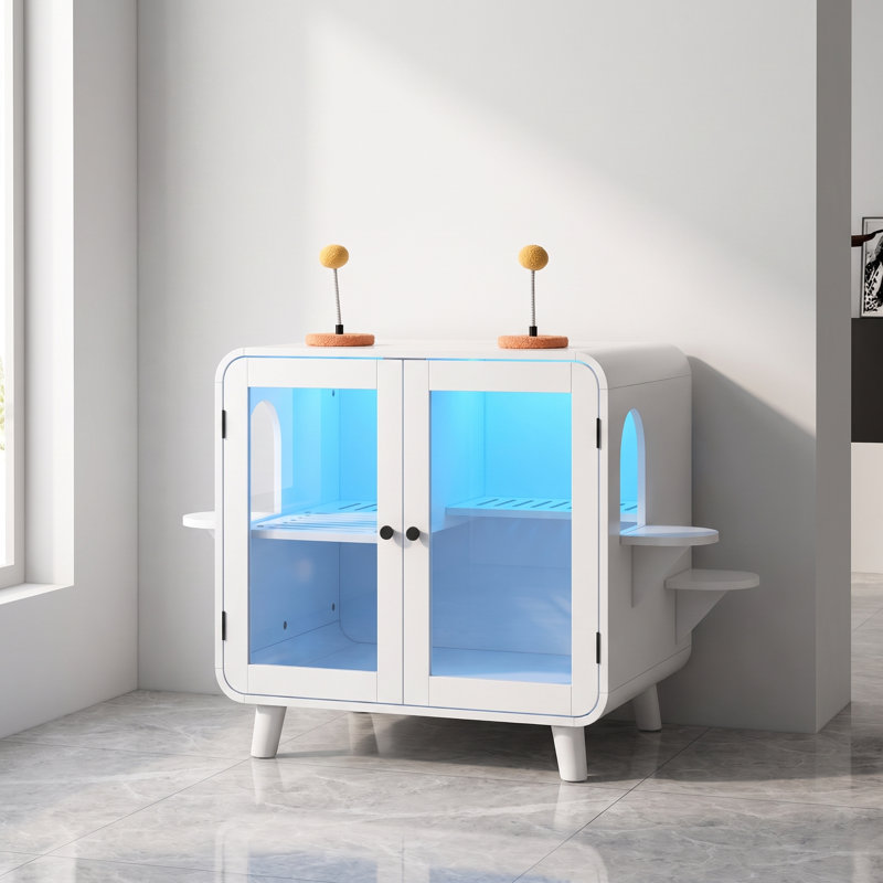 Enceinte de litière rétro pour chat avec lumières DEL RVB - Cabinet de toilette caché pour chat avec escalier, jouets à pompons et passe-lit pour chats d'intérieur