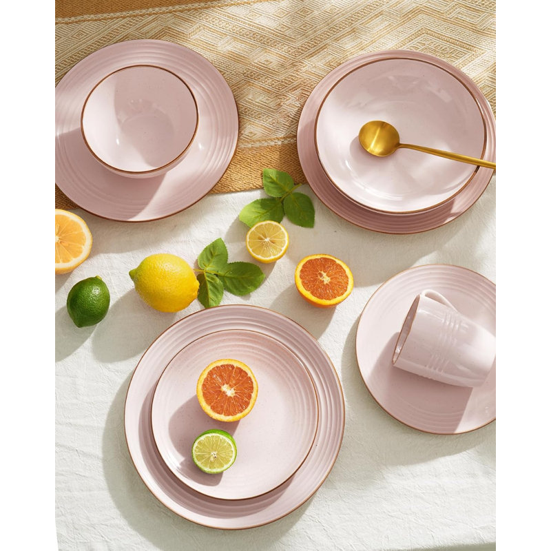 Service de table Jupiter en grès, 18 pièces, comprenant 6 assiettes et bols en céramique à rebord, résistant aux ébréchures et aux égratignures, compatible micro-ondes et lave-vaisselle, pour un usage quotidien et formel, rose neutre