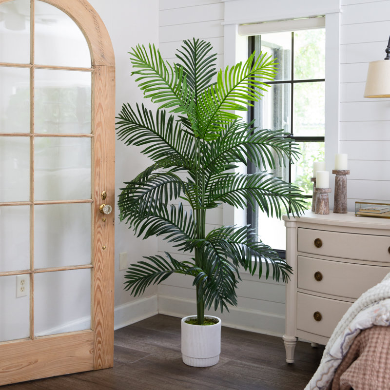 Tall Green Faux Palm Tree in White Plastic Planter