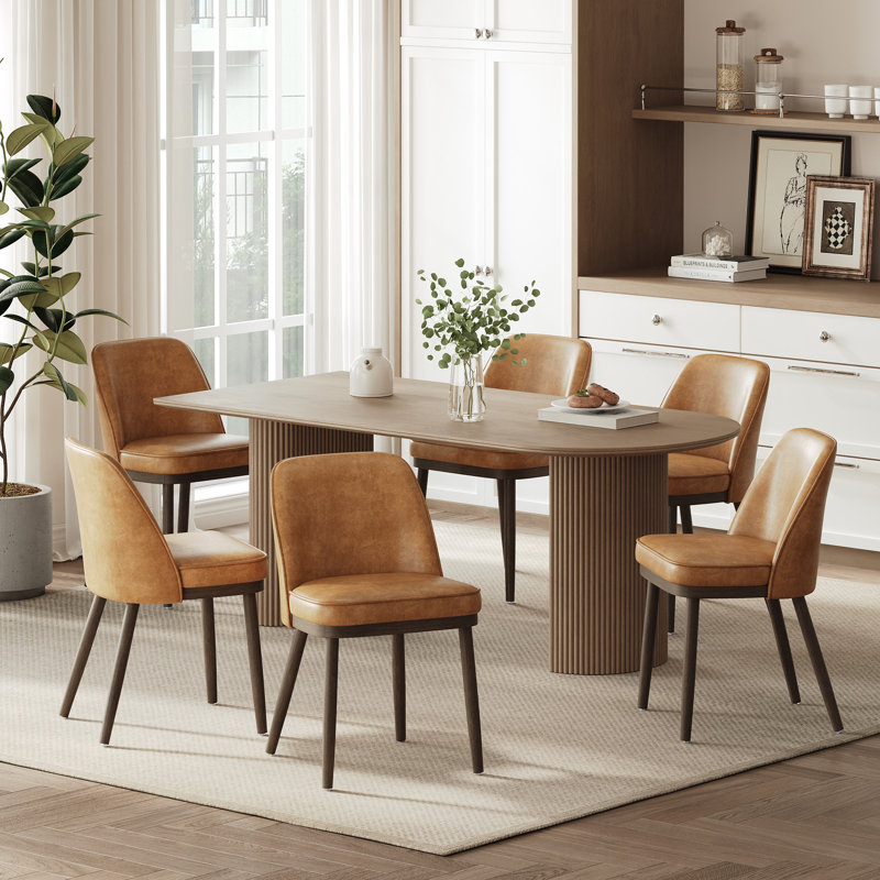 Chaise de salle à manger rembourrée moderne avec dossier courbé et pieds en bois massif, Marron clair