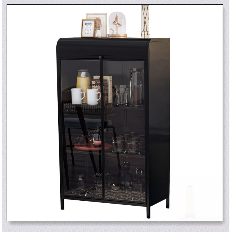 Storage Cabinet With Glass Doors, Flip-Top, And 4-Tier Display Shelves For Versatile Home Use