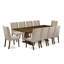 Ensemble de 11 pièces de coin-repas comprenant une table de salle à manger rectangulaire avec rallonge amovible et 10 chaises rembourrées en tissu de lin brun clair, noyer antique-1218732844-1218732845-1306608968