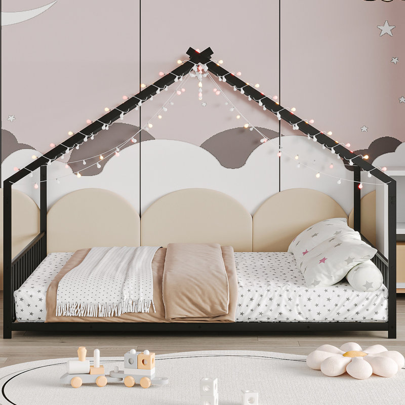 Structure de lit double sur le toit en fer noir avec éclairage à DEL, largeur de 55,9 po, hauteur de 58,4 po, limite de poids de 350 lb pour le fer à repasser, bandes, X 58,4 po, charge, assemblage rapide