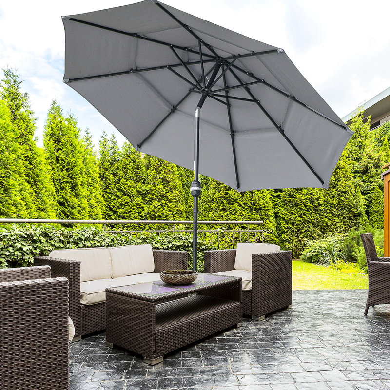 Parasol extérieur gris foncé, avec manivelle fusionnée et inclinaison à bouton-poussoir pour terrasse de jardin pelouse, surfaces