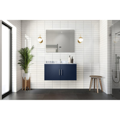 Bleu marine 36 po Meuble-lavabo de salle de bain avec comptoir en marbre, robinet, miroir à DEL - meuble-lavabo, comptoir et fonctionnel