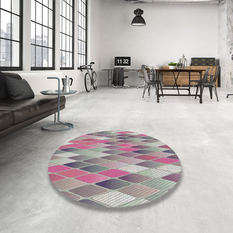 Tapis jaune/bleu/orange à motifs, Rond 5 pi