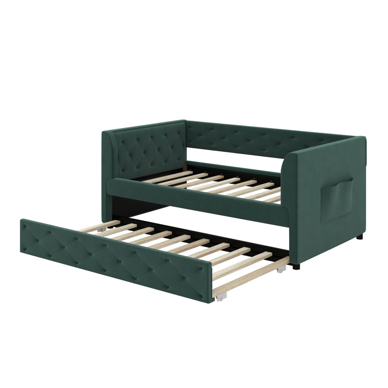 Lit de jour simple rembourré en velours capitonné avec couchette, Vert