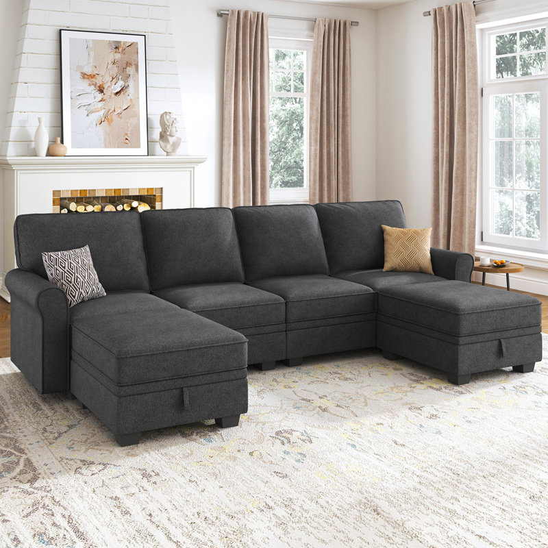 Eveleigh U-shaped Sectional Reversible Sofa with Storage, Dark Gray Polyester