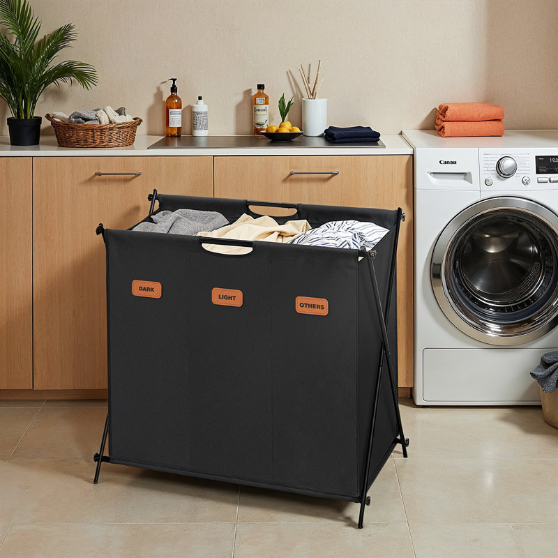 Panier à linge, panier à linge, 35,7 gallons Trieur de linge 3 sections, cadre en X pliable, organisateur de vêtements avec étiquettes personnalisables, salle de lavage, chambre à coucher, salle de bain