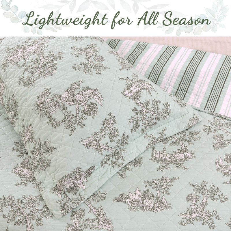 Mint Green and White Cotton Reversible Queen Quilt Set