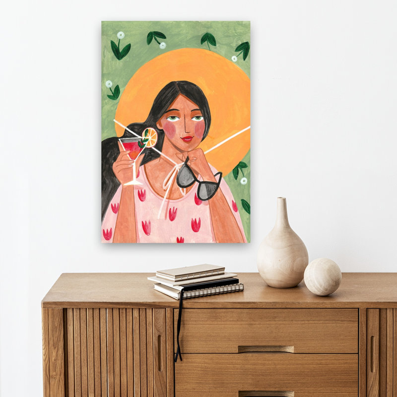 Abstract Modern Bohemian Woman With Cocktail Abstract Contemporary Flower Portrait Wall Art Print, 45.72cm H x 30.48cm W