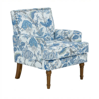 Floral-patterned Decorative Chair, Studded Armchair, Upholstered Lounge Chair With Solid Wood Legs