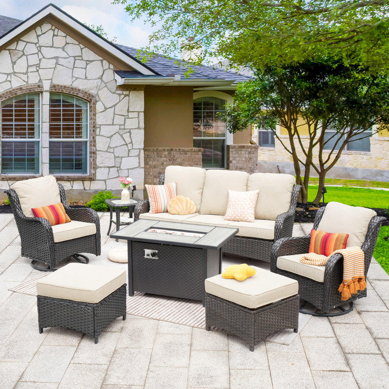 7 - Person Patio Furniture Set with Swivel Rocker, Outdoor Wicker Rattan Seating Group with Cushions, All Weather Sofa Conversation Set with Fire Pit Table for Garden Backyard