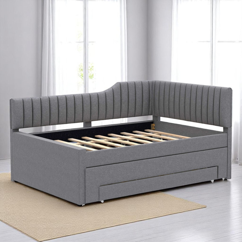Upholstered Daybed With Trundle And Drawer, Gray, Full/Double