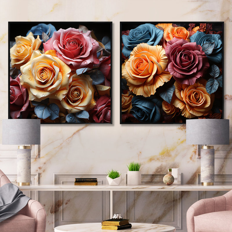 «Multicolor Roses Come Alive With Brushwork», ensemble de 2 collages floraux carrés, Cadre flottant noir, H 16 po x l 33 po