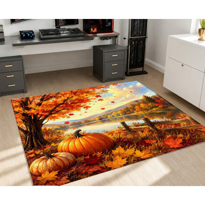 Tapis de paysage d'automne, imprimé feuille d'érable citrouille, scène d'automne éclatante, toucher velours doux, tapis antidérapant, décoration intérieure vibrante pour le salon, la chambre à coucher, la cuisine, le vestibule, appartement