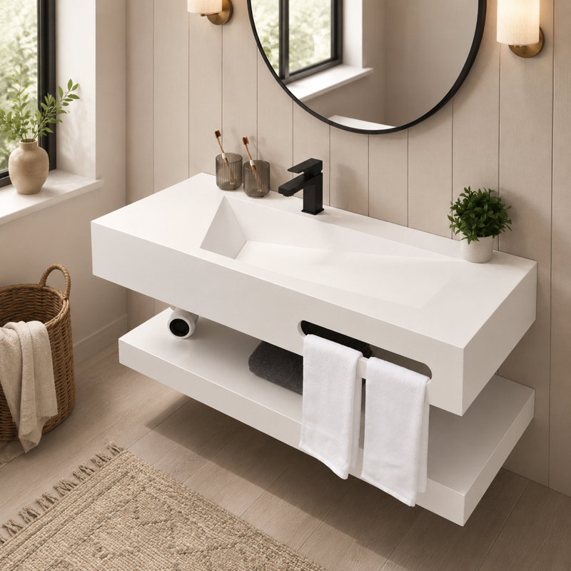 Lavabo de salle de bain flottant mural en résine 48 po avec vasque en forme de V, tablette ouverte et siphon en P inclus