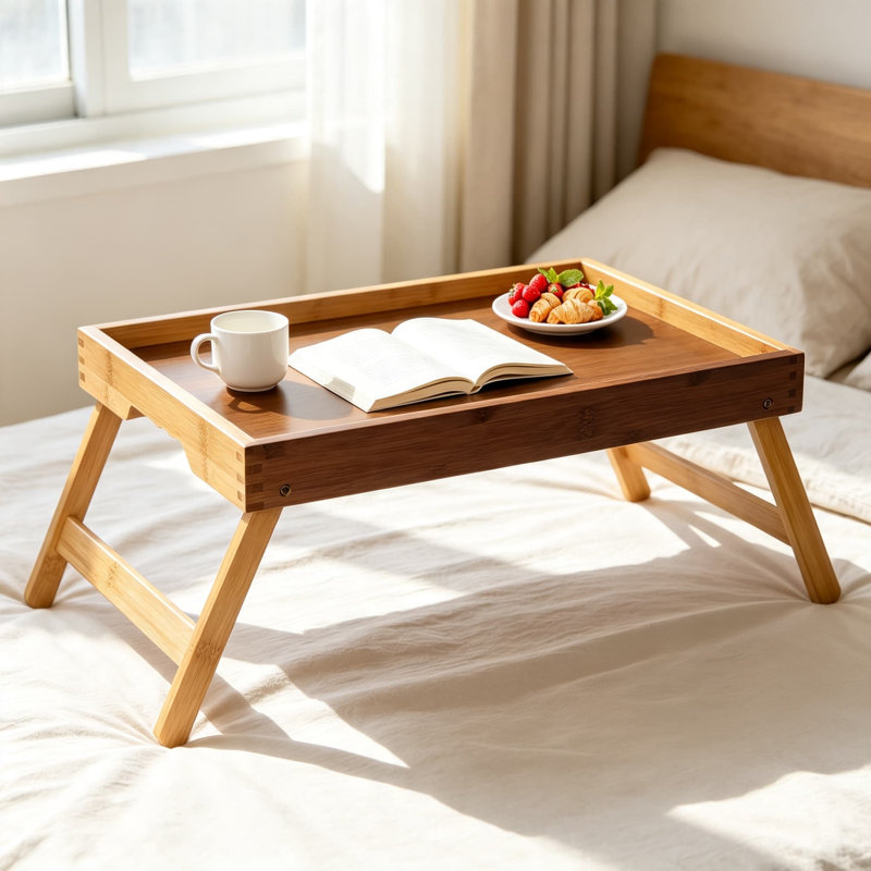 Table de plateau de lit pour manger avec pieds pliants, table de petit déjeuner en bambou pour lit, canapé, plateau d'ordinateur portable, robuste et portable