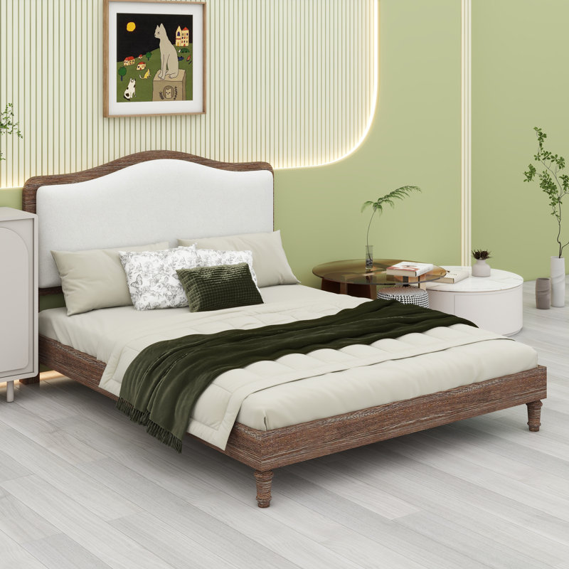 Base de lit plateforme avec tête de lit, Grey Frame+White Fabric