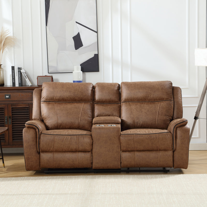 Causeuse inclinable en microsuède avec rangement et porte-gobelets de 74,4 po de largeur Caleb, Microfibre/microsuède brun