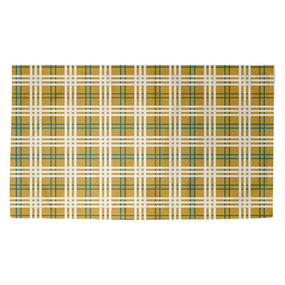 Tapis décoratif bleu sarcelle/jaune/blanc fait à la main plaid