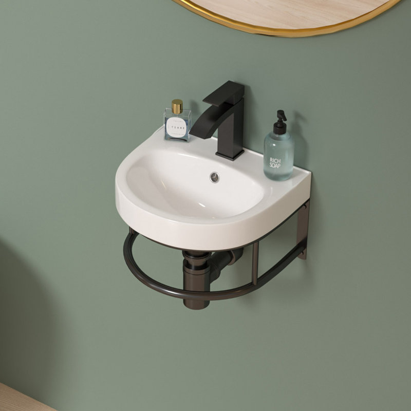 16" x 14" Wall Mounted Bathroom Sink with Towel Rack, White U Shape Wall Hung Ceramic Lavatory Sink with Overflow and Faucet