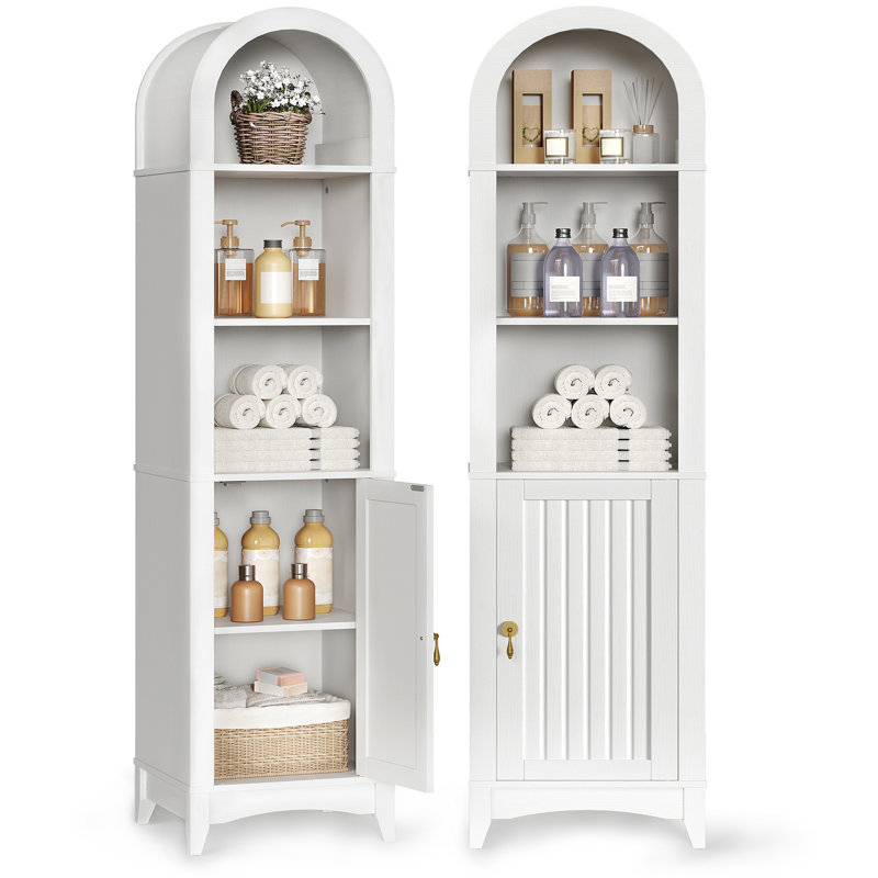 69.5" Tall Arched Bathroom Storage Cabinet with Fluted Doors and 5 Shelves, White