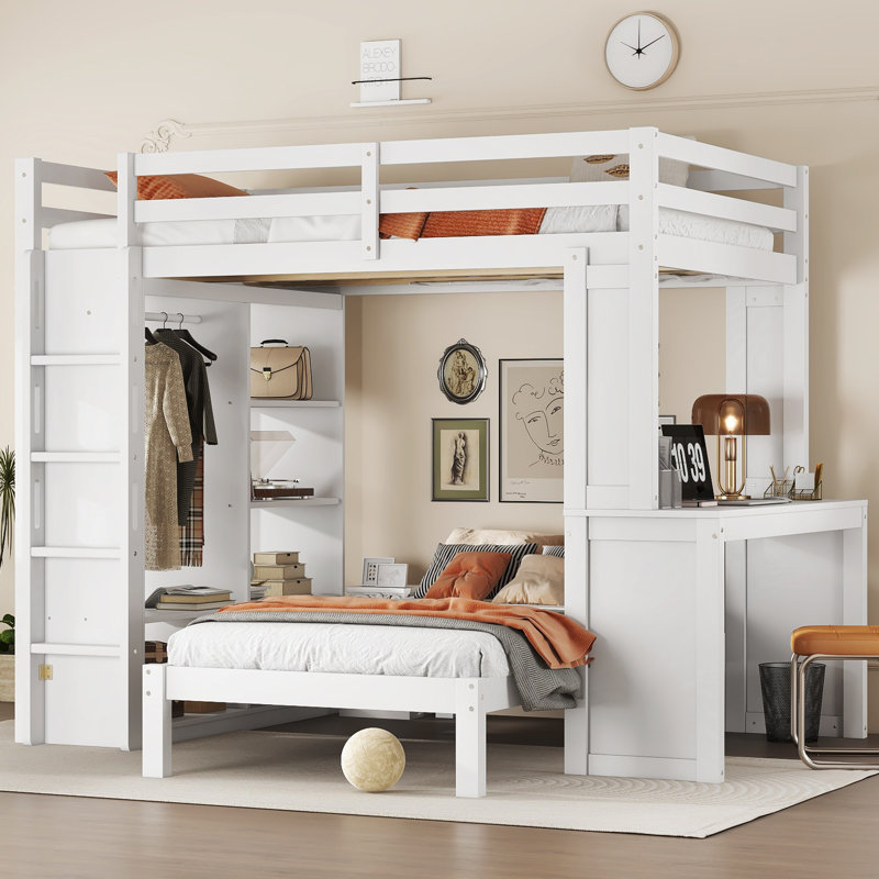 Full XL/Full over Twin Loft Bunk Bed with Desk, Solid Wood Frame, Built-in Shelves & Wardrobe, Removable Lower Bed, White