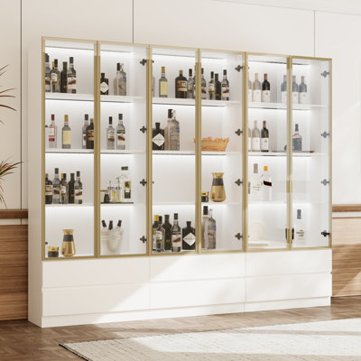 Modern Glass Door Wine Bar Cabinet - LED Lighting, 6 Drawers