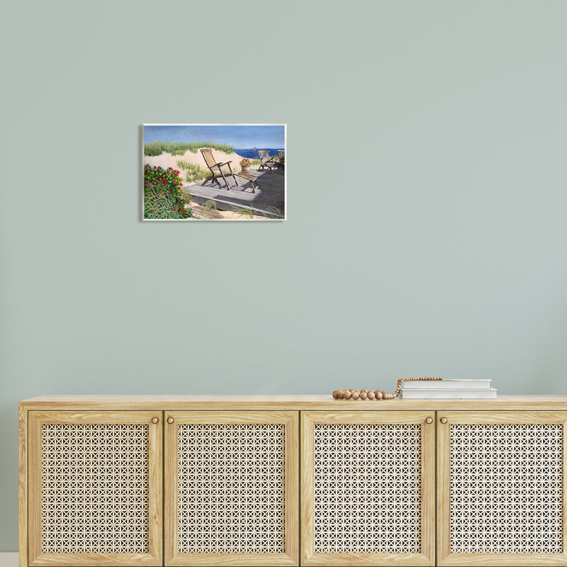 «Relaxing Waterfront Boardwalk Beach Chairs Summer Scene» par Tom Mielko - peinture sans cadre sur panneau de fibres à densité moyenne