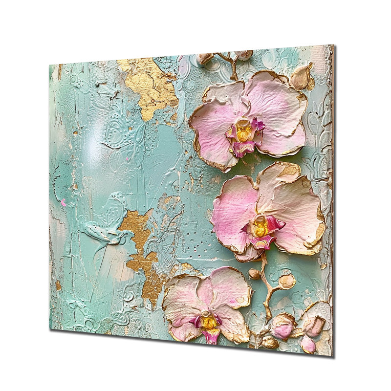 Fleurs d'orchidées roses sur un mur bleu rétro - salon d'art mural orchidée, Sans cadre, métal, H 30 po x l 30 po