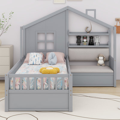 Twin-Sized House Bed With  Sofa, Children's Platform Bed Featuring Two Drawers And A Shelf