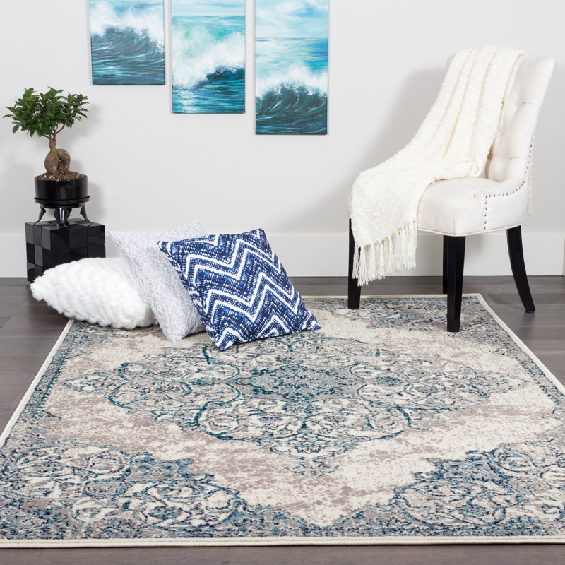 Tapis oriental bleu / beige Allain, Rectangle 4 pi 4 po x 6 pi 2 po