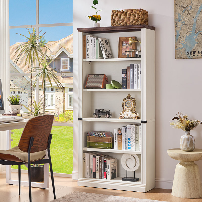 70" Tall Bookshelf,5-Tier Thick Wooden Book Shelf With Adjustable Shelves,Free Standing Farmhouse Bookcase With Open Display Storage,Floor Vintage Bookshelves For Living Room,Office