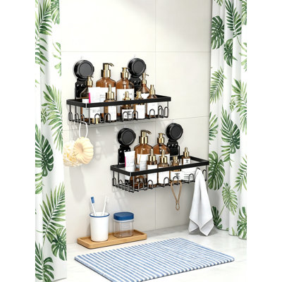 Support de douche à ventouse (ensemble de 2 pièces), aucun perçage requis, ventouse solide pour un soutien stable, imperméable, amovible, rangement de grande capacité.