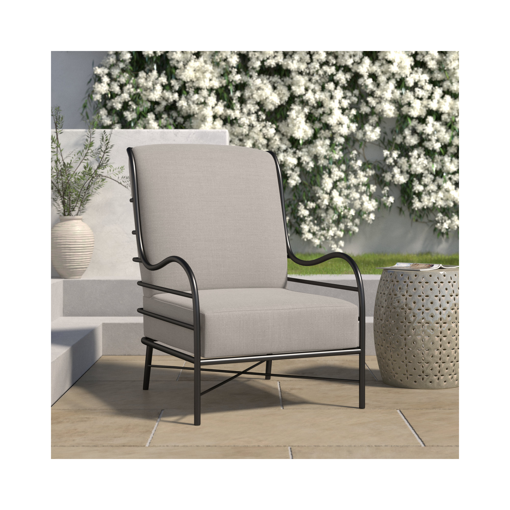 Carmel Wrought Aluminum Outdoor Lounge Chair, No Welt, Dove Sunbrella® Linen