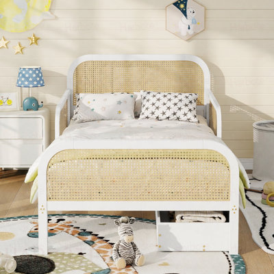 Twin Size Platform Bed Frame with 2 Storage Drawers, Kids Rattan Bed with Headboard and Footboard