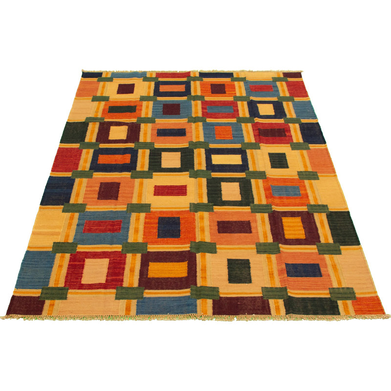 Tapis de bois one-of-kind à la main noué la new age anatolian jaune/vert/bleu 6 pi 1 po x 9 pi en laine de 2 po