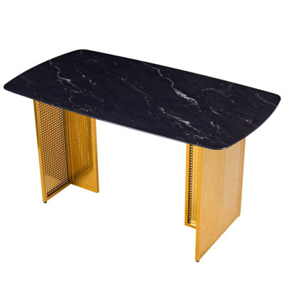 Modern-Style Rectangular Tempered Glass Dining Table for 6, Featuring a Marble-Patterned Design with Golden Hollow-Out Metal Legs, an Ideal Dining Table for Living Rooms and Home Offices.