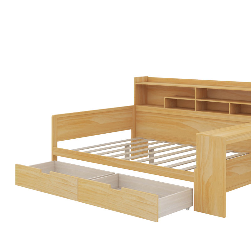 Wooden Full Size Daybed With Storage Shelves, Multi-Functional Bed With 2 Storage Drawers And Study Desk, Natural