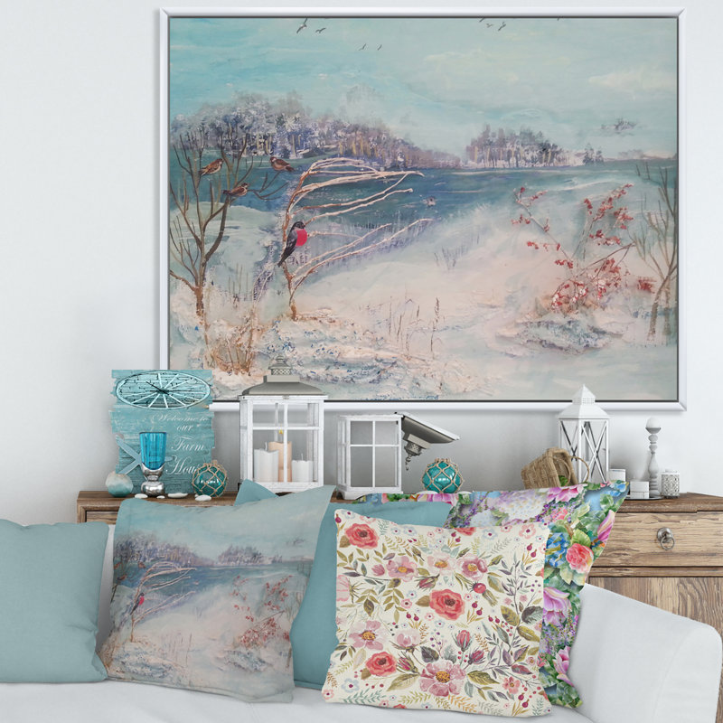 «Winter Trees River and Birds - Floater Frame», reproduction d'art sur toile, H 16 po x l 32 po x p 1 po, Cadre blanc