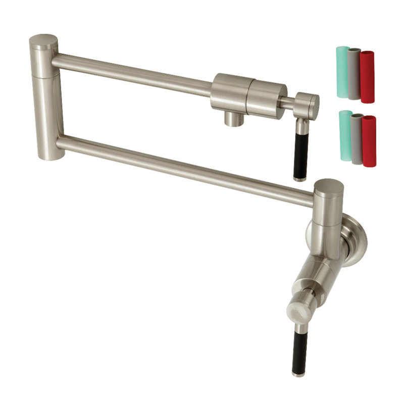Kingston Brass Manhattan Two-Handle 1-Hole Wall Mount Pot Filler Faucet, Brushed Nickel, Lever Straight Wrap