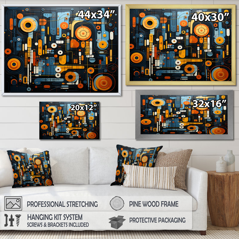 «Blue and Yellow Dynamic Abstract Shapes Fusion II», art mural abstrait, Cadre d'angle fermé noir, L 12 po x H 20 po x P 1 po
