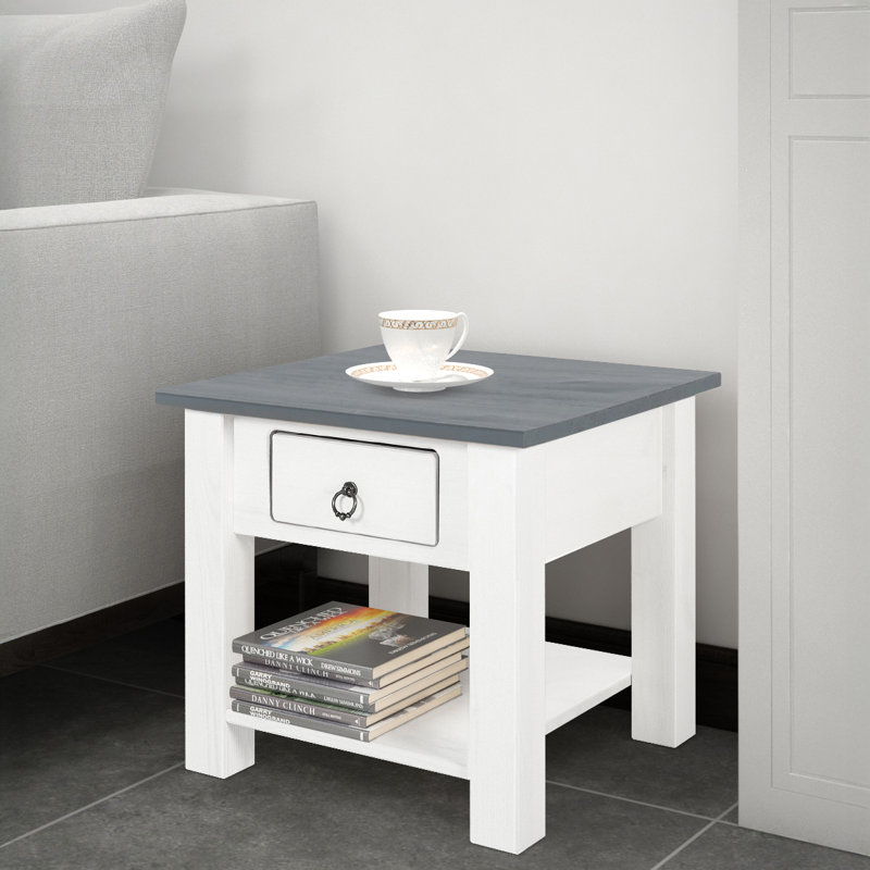Embry Solid Wood End Table, White, Grey