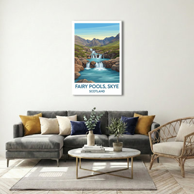 Fairy Pools, Skye, Scotland - Romantic Travel Poster Of Cascading Pools And Cuillin Peaks. Giclee Print On Wrapped Canvas. Wall Art, Home Decor - Natural Landmarks, Scotland - Wrapped Canvas Print